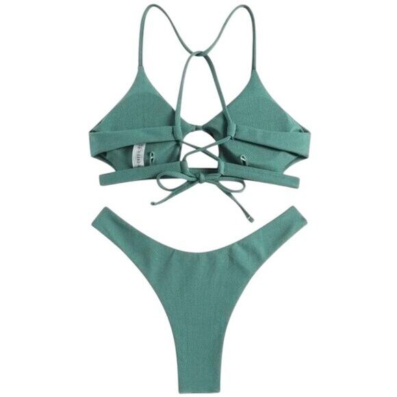 Zaful Women’s Small Bikini Set Green Strappy Cut Out Tie Back Top Thong Bottom - Picture 3 of 9